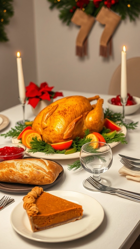 A festive Christmas Eve dinner table with roasted turkey, seasonal vegetables, cranberry sauce, and pumpkin pie.